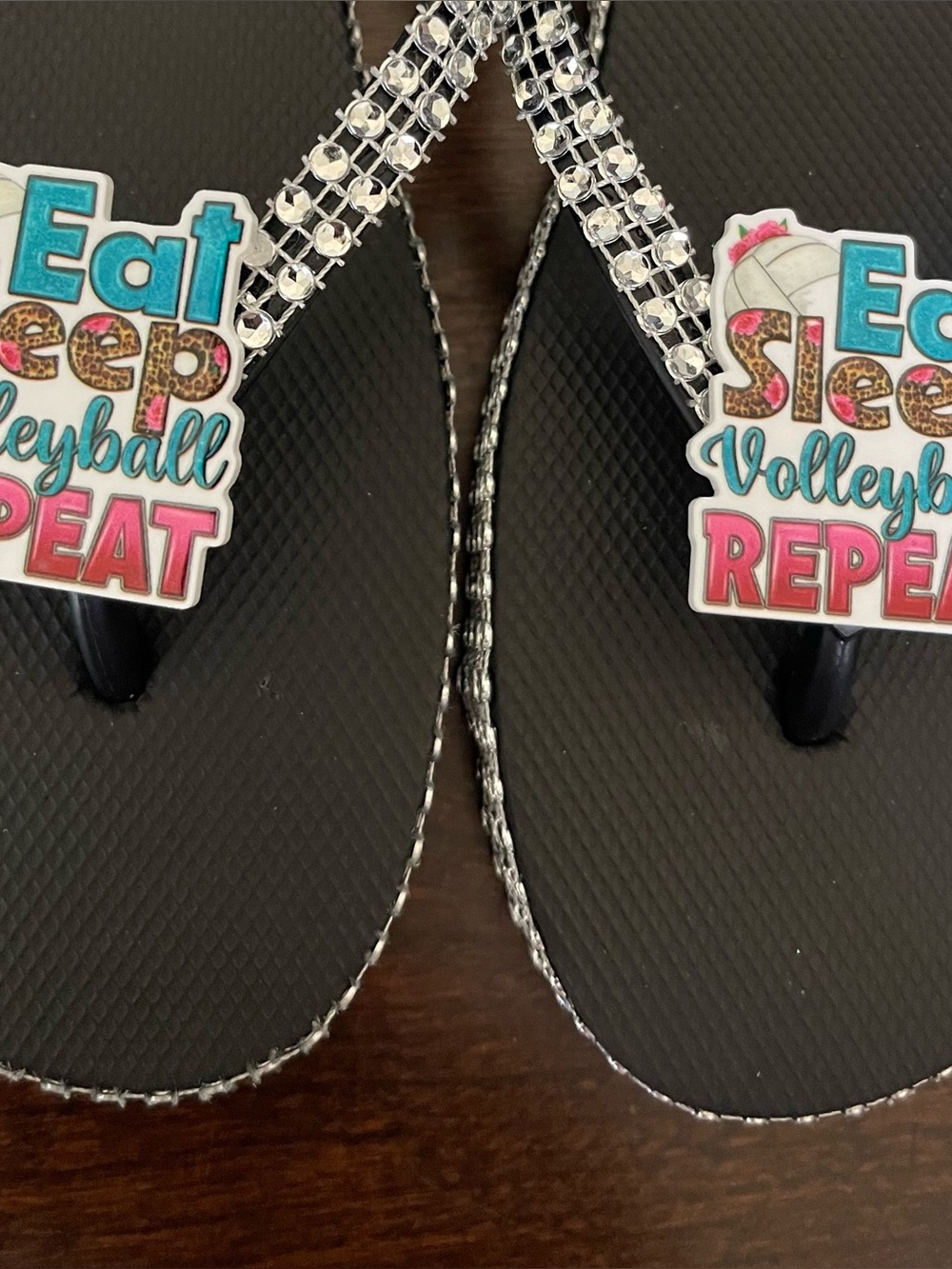Rhinestone Black Flip Flop Sandals - "Eat Sleep Volleyball Repeat"